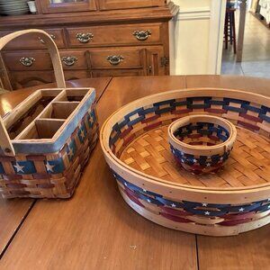 Longaberger Americana Basket Set - Patriotic Utensil Caddy & Round Chip/Dip Tray